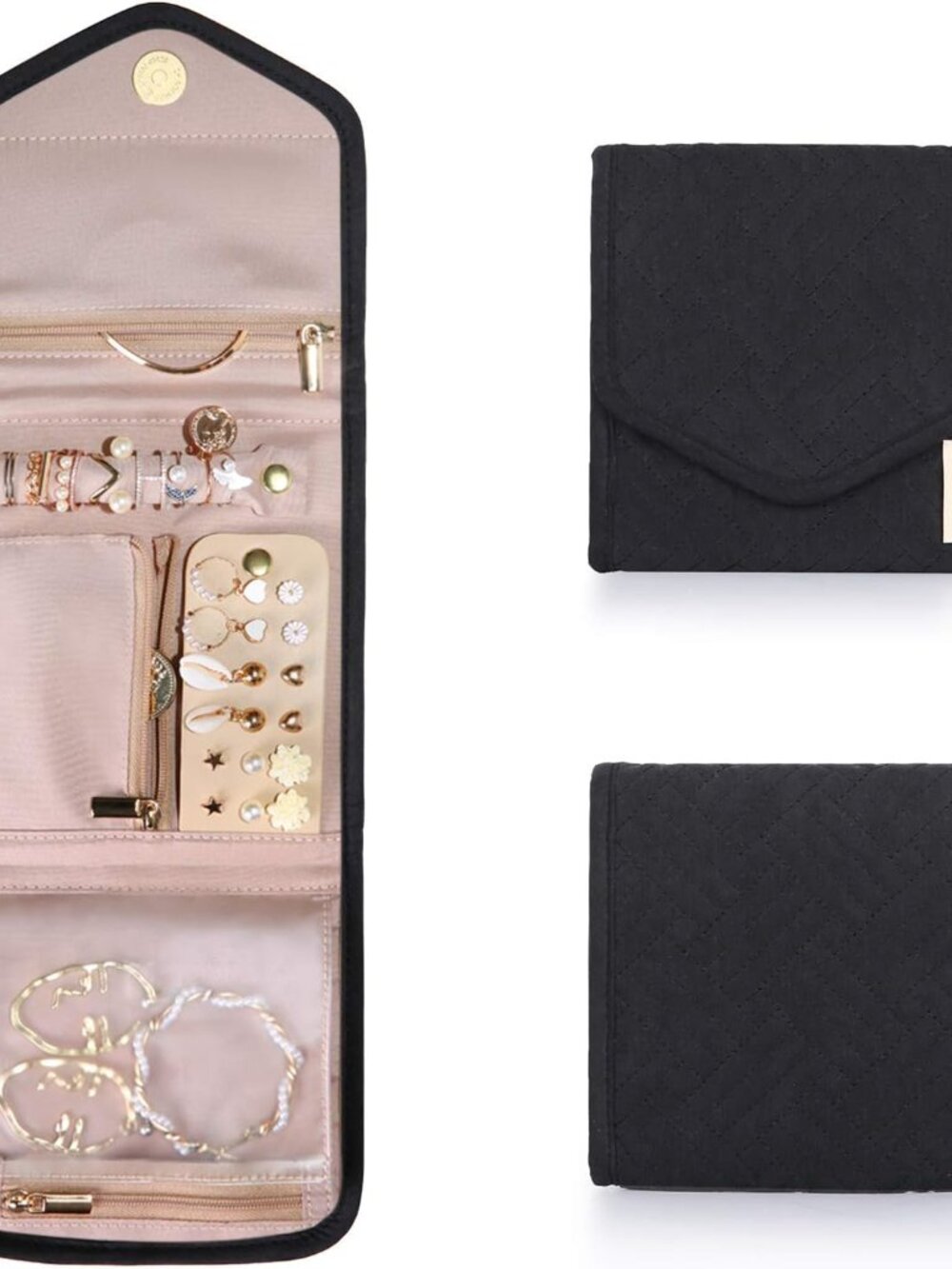 Travel Jewelry Organizer Case Foldable Jewelry Roll, Mini, Black